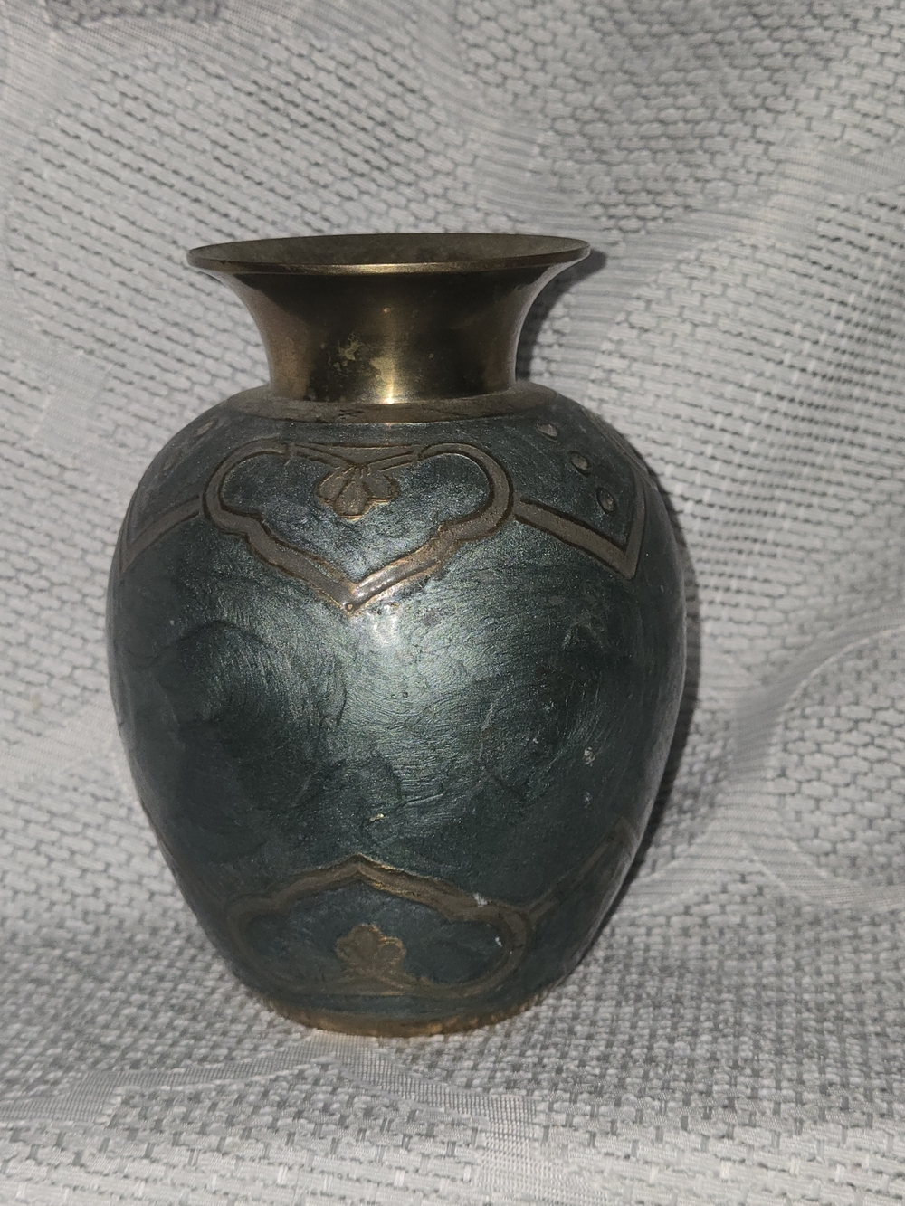 Vintage Bud Vase Brass Enamel Hand Painted Teal Green Baroque 5" Patina